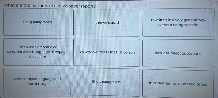 What are the features of a newspaper report?
Is written in a very general way,
Long paragraphs Is never biased
without being specific
Often uses dramatic or
sensationalised language to engage Is always written in the first person Includes direct quotations
the reader
Uses complex language and Short paragraphs Includes names, dates and times
vocabulary