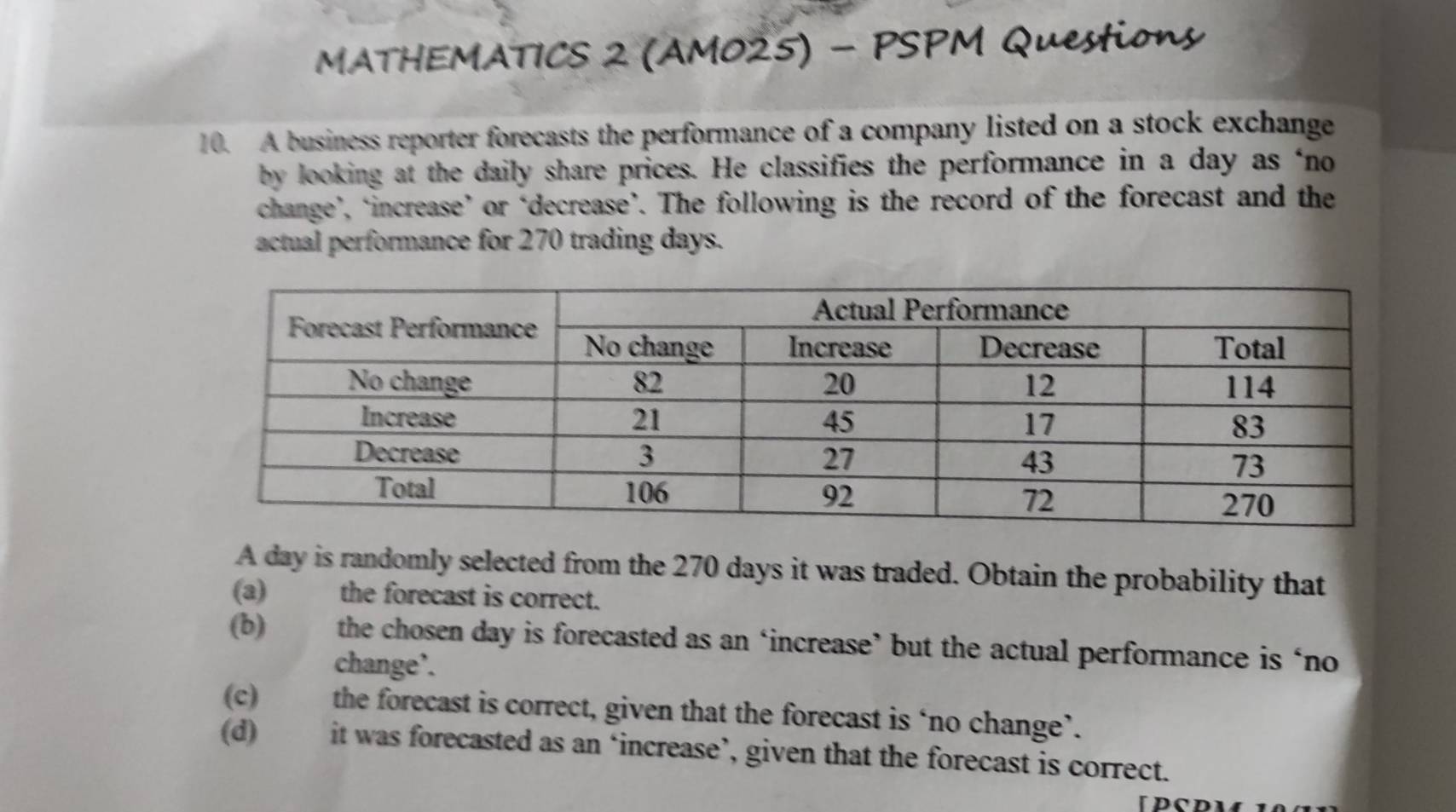 MATHEMATICS 2 (AM025) - PSPM Questions
10. A business reporter forecasts the performance of a company listed on a stock exchange
by looking at the daily share prices. He classifies the performance in a day as‘no
change’, ‘increase’ or ‘decrease’. The following is the record of the forecast and the
actual performance for 270 trading days.
A day is randomly selected from the 270 days it was traded. Obtain the probability that
(a) the forecast is correct.
(b)€£ the cho sen day is forecasted as an ‘increase’ but the actual performance is ‘no
change’.
(c) the forecast is correct, given that the forecast is ‘no change’.
(d) it was forecasted as an ‘increase’, given that the forecast is correct.