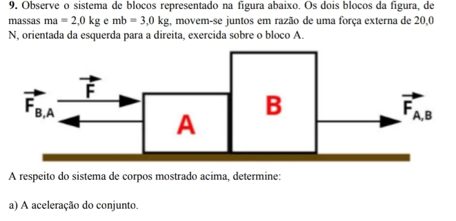 Observe o sistema de blocos representado na figura abaixo. Os dois blocos da figura, de
massas ma=2,0kg e mb=3,0kg;, movem-se juntos em razão de uma força externa de 20,0
N, orientada da esquerda para a direita, exercida sobre o bloco A.
A respeito do sistema de corpos mostrado acima, determine:
a) A aceleração do conjunto.