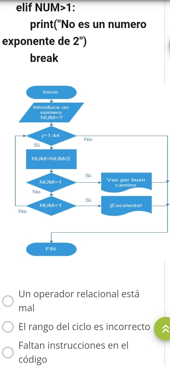 elif NUM>1:
print("No es un numero
exponente de 2'')
break
Un operador relacional está
mal
El rango del ciclo es incorrecto
Faltan instrucciones en el
código