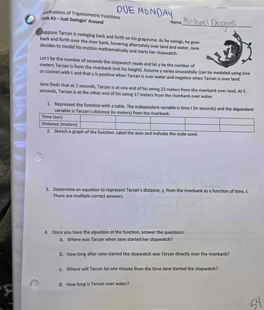 pplications of Trigonometric Functions 
_ 
Jask #3 - Just Swingin’ Around Name 
uppose Tarzan is swinging back and forth on his grapevine. As he swings, he goes 
back and forth over the river bank, hovering alternately over land and water. Jane 
decides to model his motion mathematically and starts her stopwatch. 
Let t be the number of seconds the stopwatch reads and let y be the number of
meters Tarzan is from the riverbank (not his height). Assume y varies sinusoidally (can be modeled using sine 
or cosine) with t and that y is positive when Tarzan is over water and negative when Tarzan is over land. 
Jane finds that at 2 seconds, Tarzan is at one end of his swing 23 meters from the riverbank over land. At 5
seconds, Tarzan is at the other end of his swing 17 meters from the riverbank over water. 
1. Represent the function with a table. The independent variable is time t (in seconds) and the dependent 
variable is T 
and indicate the scale used. 
3. Determine an equation to represent Tarzan’s distance, y, from the riverbank as a function of time, t. 
There are multiple correct answers. 
4. Once you have the equation of the function, answer the questions: 
a. Where was Tarzan when Jane started her stopwatch? 
b. How long after Jane started the stopwatch was Tarzan directly over the riverbank? 
c. Where will Tarzan be one minute from the time Jane started the stopwatch? 
d. How long is Tarzan over water?