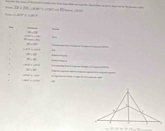 Remedor the stope of the peoodto osabe ane that see that ore ingnily dependent on yme moys are in the progue see
overline XB≌ overline DE, ∠ HBC≌ ∠ IDC and overline JU ∠ HGI
=△ ACF of△ ECF
Np
33+12
∠ BACin∠ CDC —
70tmm∠ BDI. overline BC=70 Coagandne Post or Casgroend Toangne au Gisgrok (LC TS) 
J △ ACP≌ △ BCP s5 
4 overline DC=overline CD Rllen P 
1 overline FC=overline FC Kuhern Popary
∠ BCD≌ ∠ BCD Comting Parts of Congreon Vangn an Cngrno SVCRL
overline AF=overline BO Coaga apmmi atiée gom agom bs cgnt mn 
. ∠ BQP≌ ∠ HEP A aagle faeo ditda en megle teto nogo angles 
v △ BOC>△ DOC AAB 
2 T 7 3 , '