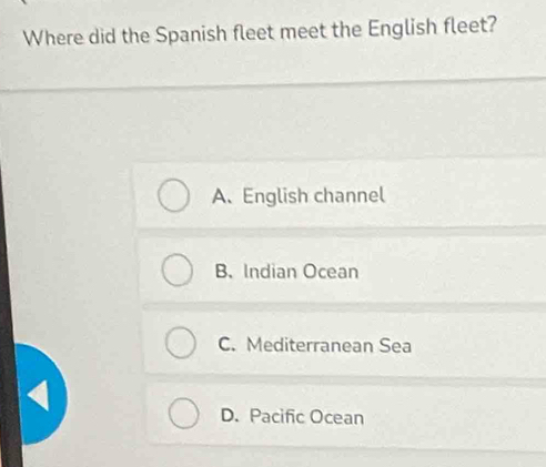 Where did the Spanish fleet meet the English fleet?
A、 English channel
B. Indian Ocean
C. Mediterranean Sea
D. Pacific Ocean