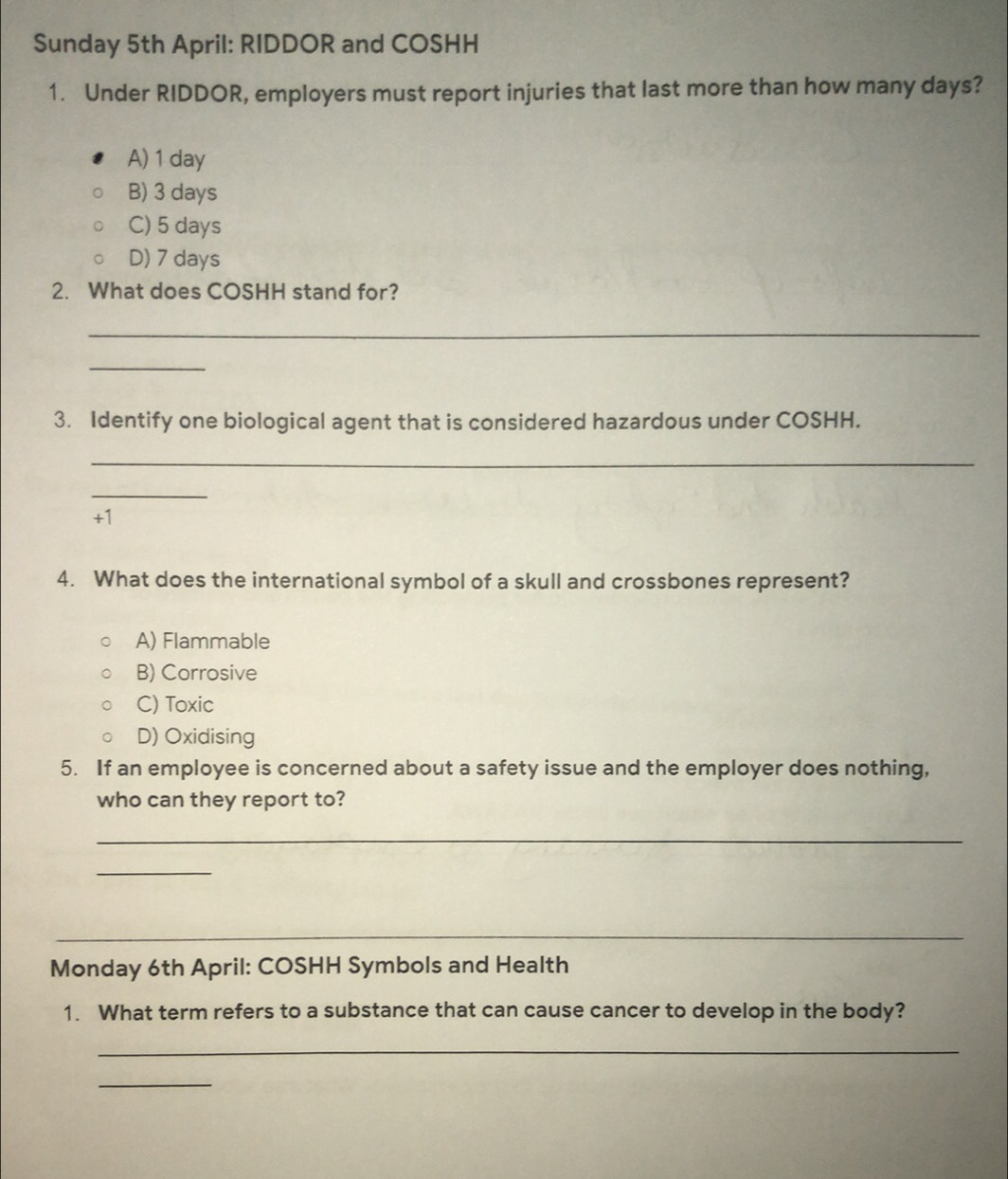 Solved: Sunday 5th April: RIDDOR and COSHH 1. Under RIDDOR, employers ...