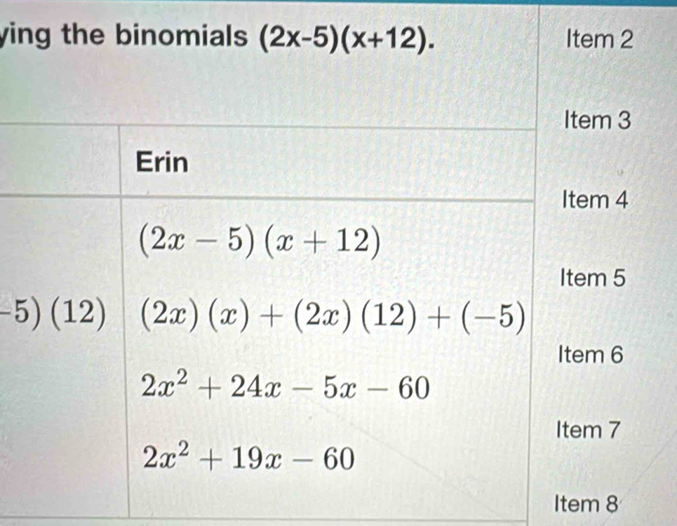 ying the binomials (2x-5)(x+12). Item 2
−5
Item 8