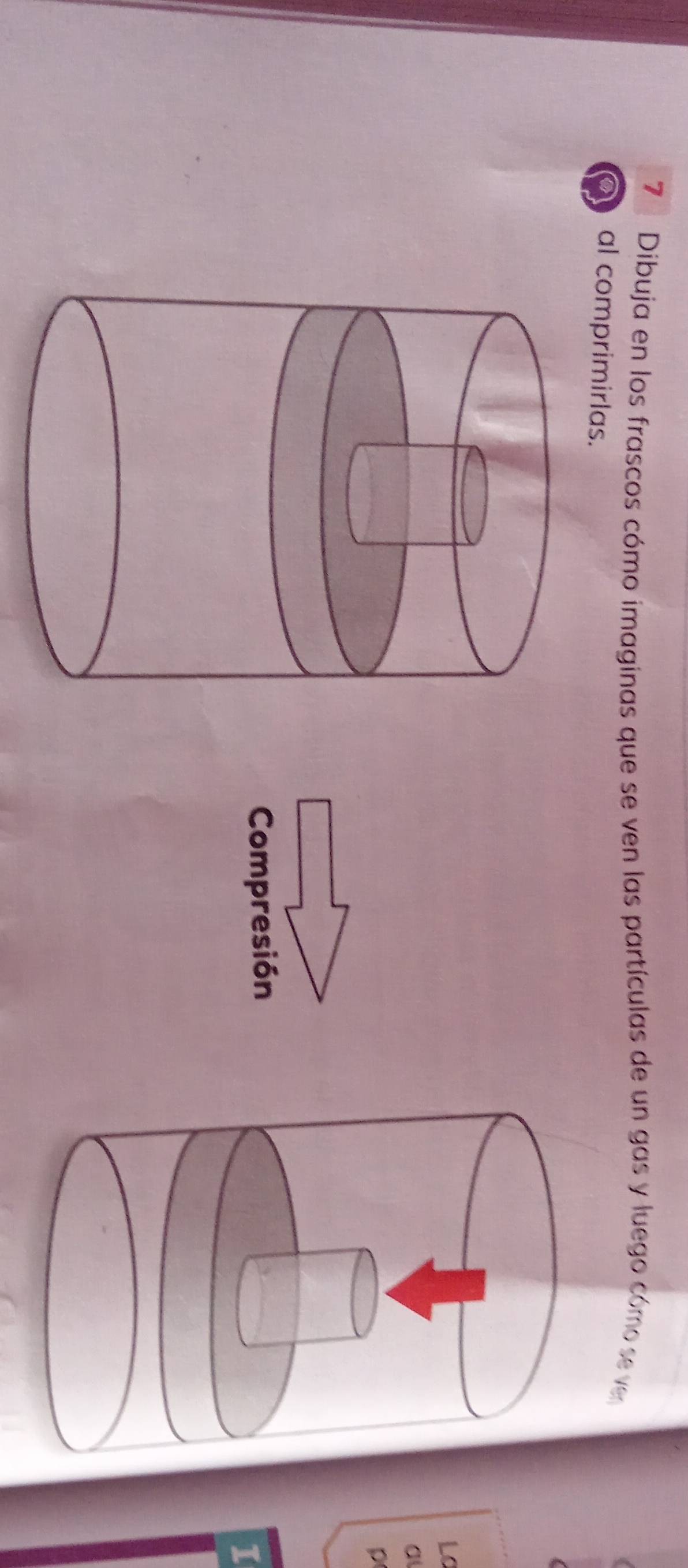 7 ª Dibuja en los frascos cómo imaginas que se ven las partículas de un gas y luego cómo se ve 
a al comprimirlas. 
LC 
a 
p 
Compresión 
1