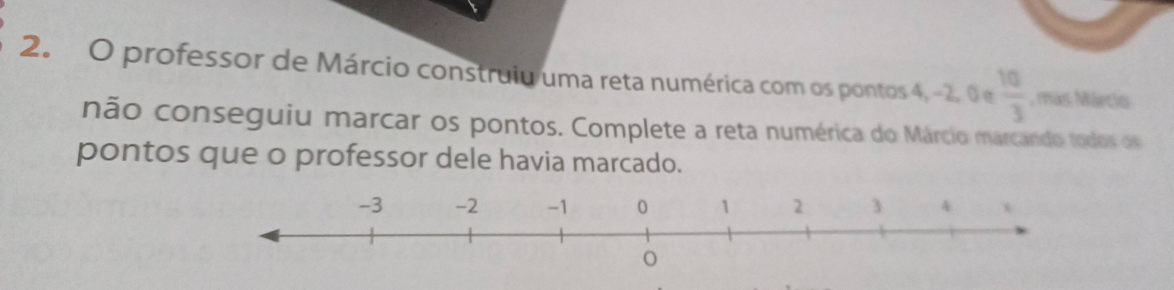 professor de Márcio construiu uma reta numérica com os pontos 4, -2. 0 e  10/3  , mas Márcio 
não conseguiu marcar os pontos. Complete a reta numérica do Márcio marcando todos os 
pontos que o professor dele havia marcado.