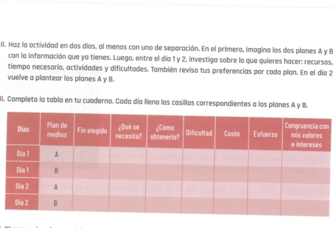 Haz la actividad en dos días, al menos con uno de separación. En el primero, imagina los dos planes A y B
con la información que ya tienes. Luego, entre el día 1 y 2, investiga sobre lo que quieres hacer: recursos, 
tiempo necesario, actividades y dificultades. También revisa tus preferencias por cada plan. En el día 2 
vuelve a plantear los planes A y B. 
II. Completa la tabla en tu cuaderno. Cada día Ilena las casillas correspondientes a los planes A y B.