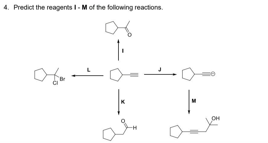 Predict the reagents I - M of the following reactions.
o
L bigcirc =frac J bigcirc =θ
□ ,□ )
Br
CI
K
M
H