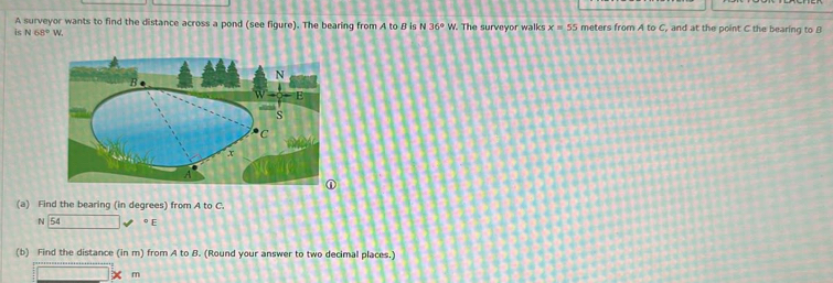 A surveyor wants to find the distance across a pond (see figure). The bearing from A to B is N 36° V_2
is N68°W. The surveyor walks x=55 meters from A to C, and at the point C the bearing to B
(a) Find the bearing (in degrees) from A to C.
N 54°E
(b) Find the distance (in m) from A to B. (Round your answer to two decimal places.)
m