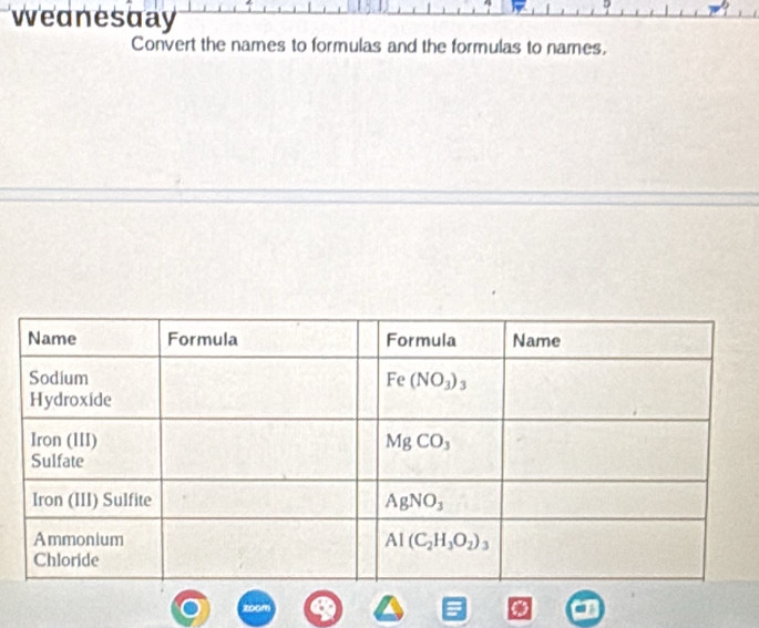 wednesday
Convert the names to formulas and the formulas to names,