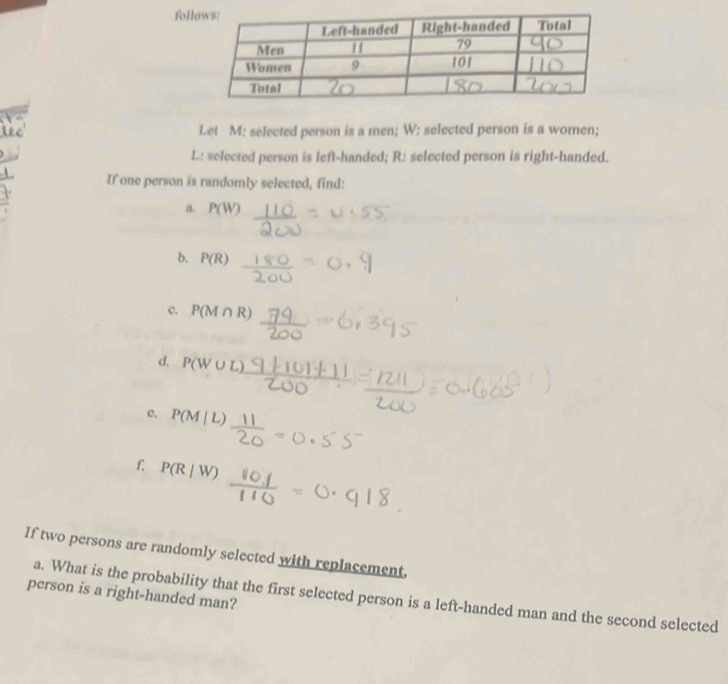 foll 
Let M : selected person is a men; W: selected person is a women; 
L: selected person is left-handed; R : selected person is right-handed. 
If one person is randomly selected, find: 
a. P(W)
b. P(R)
c、 P(M∩ R)
d. P(W∪ L)
c. P(M|L)
f. P(R|W)
If two persons are randomly selected with replacement, 
person is a right-handed man? a. What is the probability that the first selected person is a left-handed man and the second selected