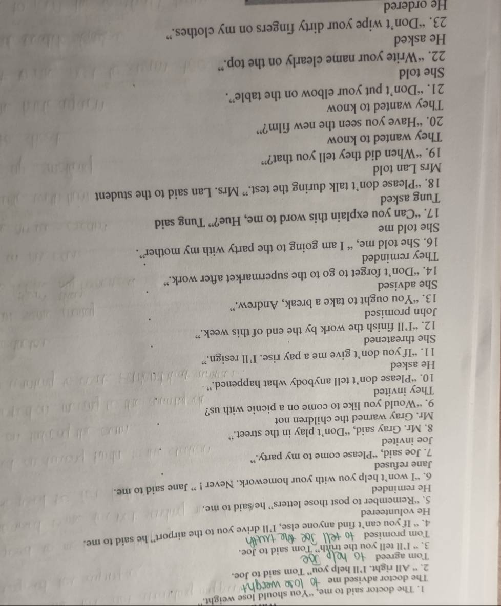 The doctor said to me, “You should lose weight.
The doctor advised me
2. “ All right. I’ll help you” Tom said to Joe.
Tom agreed
3. “ I’ll tell you the truth” Tom said to Joe.
Tom promised 
4. “ If you can’t find anyone else, I’ll drive you to the airport” he said to me.
He volunteered
5. “Remember to post those letters” he/said to me.
He reminded
6. “I won’t help you with your homework. Never ! ” Jane said to me.
Jane refused
7. Joe said, “Please come to my party.”
Joe invited
8. Mr. Gray said, “Don’t play in the street.”
Mr. Gray warned the children not
9. “Would you like to come on a picnic with us?
They invited
10. “Please don’t tell anybody what happened.” 
He asked
11. “If you don’t give me a pay rise. I’ll resign.”
She threatened
12. “I’ll finish the work by the end of this week.”
John promised
13. “You ought to take a break, Andrew.”
She advised
14. “Don’t forget to go to the supermarket after work.”
They reminded
16. She told me, “ I am going to the party with my mother”.
She told me
17. “Can you explain this word to me, Hue?” Tung said
Tung asked
18. “Please don’t talk during the test.” Mrs. Lan said to the student
Mrs Lan told
19. “When did they tell you that?”
They wanted to know
20. “Have you seen the new film?”
They wanted to know
21. “Don’t put your elbow on the table”.
She told
22. “Write your name clearly on the top.”
He asked
23. “Don’t wipe your dirty fingers on my clothes.”
He ordered