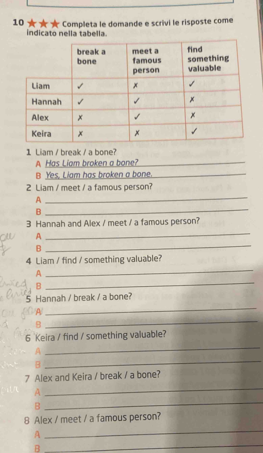 Completa le domande e scrivi le risposte come 
indicato nella tabella. 
1 Liam / break / a bone? 
A Has Liam broken a bone?_ 
B Yes, Liam has broken a bone._ 
2 Liam / meet / a famous person? 
A 
_ 
B 
_ 
3 Hannah and Alex / meet / a famous person? 
A 
_ 
B 
_ 
4 Liam / find / something valuable? 
A 
_ 
B 
_ 
5 Hannah / break / a bone? 
A 
_ 
B 
_ 
6 Keira / find / something valuable? 
A 
_ 
B 
_ 
7 Alex and Keira / break / a bone? 
A 
_ 
B 
_ 
8 Alex / meet / a famous person? 
A 
_ 
B 
_