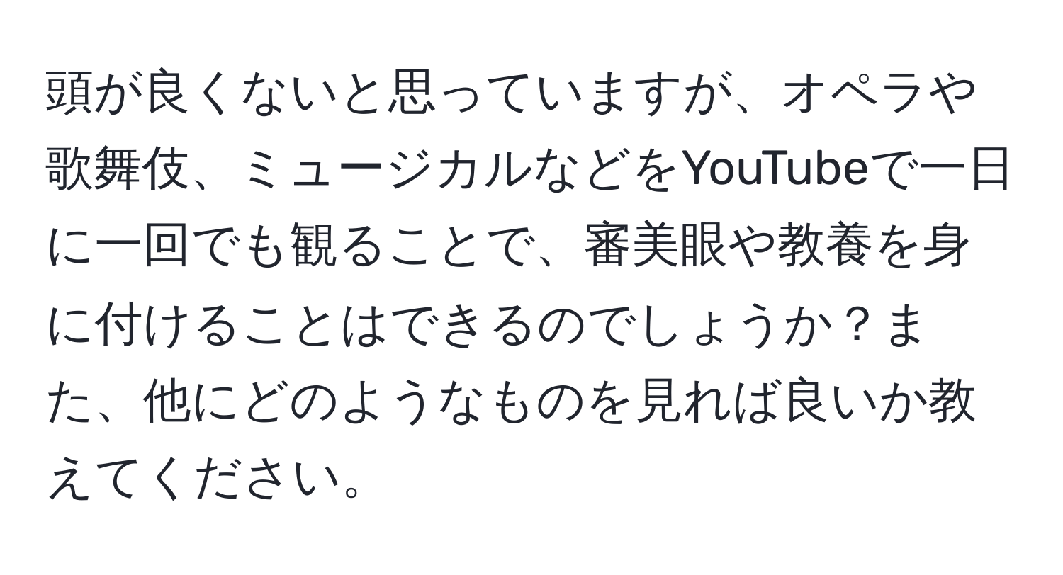 頭が良くないと思っていますが、オペラや歌舞伎、ミュージカルなどをYouTubeで一日に一回でも観ることで、審美眼や教養を身に付けることはできるのでしょうか？また、他にどのようなものを見れば良いか教えてください。