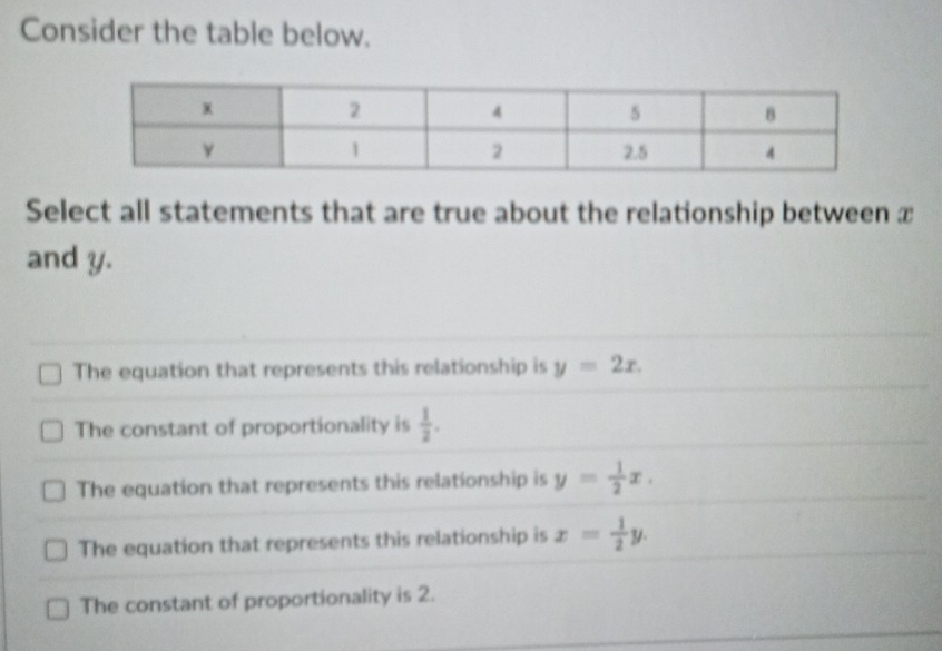 Consider the table below.
Select all statements that are true about the relationship between x
and y.
The equation that represents this relationship is y=2x.
The constant of proportionality is  1/2 .
The equation that represents this relationship is y= 1/2 x.
The equation that represents this relationship is x= 1/2 y.
The constant of proportionality is 2.