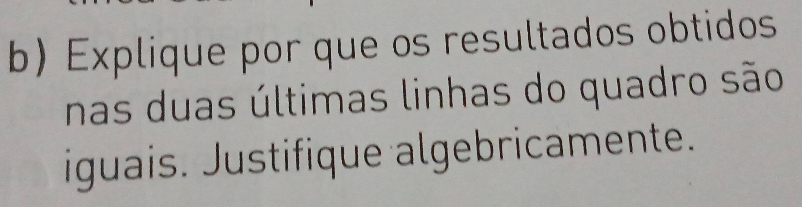 Explique por que os resultados obtidos 
nas duas últimas linhas do quadro são 
iguais. Justifique algebricamente.