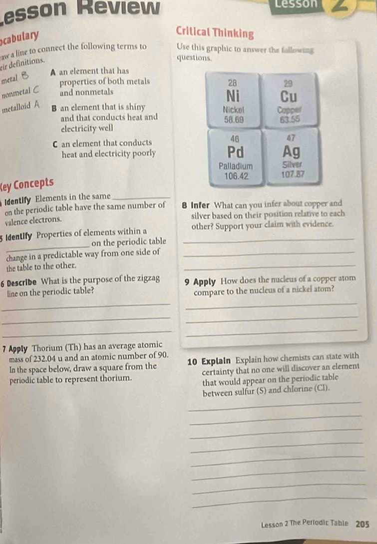 esson Review
lesson
cabulary
Critical Thinking
aw a line to connect the following terms to Use this graphic to answer the fallowing
eir definitions.
questions.
A an element that has
metal
propertics of both metals 
nonmetal and nonmetals
metalloid A
B an element that is shiny 
and that conducts heat and 
electricity well
C an element that conducts
heat and electricity poorly 
Key Concepts
Identify Elements in the same_
on the periodic table have the same number of 8 Infer What can you infer about copper and
valence electrons.
silver based on their position relative to each
_
Identify Properties of elements within a _other? Support your claim with evidence.
on the periodic table
change in a predictable way from one side of_
the table to the other.
_
6 Describe What is the purpose of the zigzag 9 Apply How does the nucieus of a copper atom
line on the periodic table?
compare to the nucleus of a nickel atom?
_
_
_
_
_
_
7 Apply Thorium (Th) has an average atomic
mass of 232.04 u and an atomic number of 90.
In the space below, draw a square from the 10 Explain Explain how chemists can state with
periodic table to represent thorium. certainty that no one will discover an element
that would appear on the periodic table
_
between sulfur (S) and chlorine (Cl).
_
_
_
_
_
_
_
Lesson 2 The Periodic Table 205