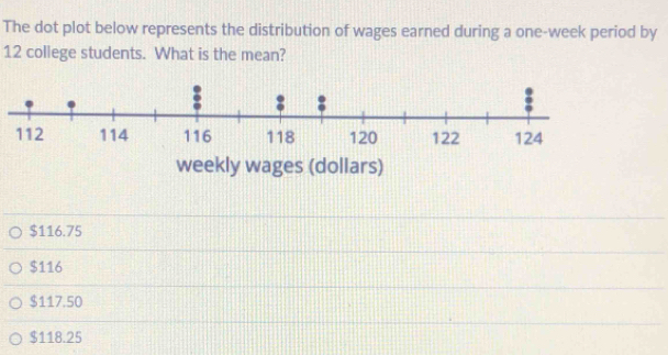 The dot plot below represents the distribution of wages earned during a one-week period by
12 college students. What is the mean?
$116.75
$116
$117.50
$118.25