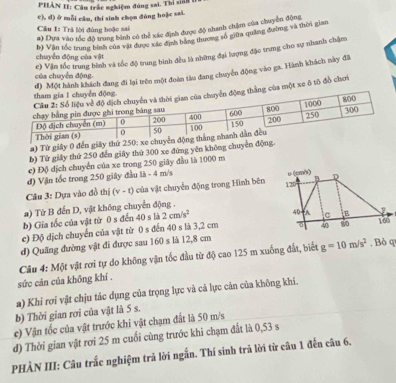 PHẢN II: Câu trắc nghiệm đúng sai. Thí sinh 
c), d) ở mỗi câu, thí sinh chọn đúng hoặc sai.
a) Dựa vào tốc độ trung bình có thể xác định được độ nhanh chậm của chuyển động
Câu 1: Trả lời đúng hoặc sai
b) Vận tốc trung bình của vật được xác định bằng thương số giữa quãng đường và thời gian
c) Vận tốc trung bình và tốc độ trung bình đều là những đại lượng đặc trưng cho sự nhanh chậm
chuyển động của vật
d) Một hành khách đang đi lại trên một đoàn tàu đang chuyển động vào ga. Hành khách này đã
của chuyển động.
của một xe ô tô đồ chơi
a) Từ giây 0 đến giây thứ 250: xe chu
b) Từ giây thứ 250 đến giây thứ 300 xe đứng yên không chuyển động.
c) Độ dịch chuyển của xe trong 250 giây đầu là 1000 m
d) Vận tốc trong 250 giây đầu là - 4 m/s
υ (cm/s)
Câu 3: Dựa vào đồ thị (v-t) của vật chuyển động trong Hình bên 120 B 
a) Từ B đến D, vật không chuyển động .
b) Gia tốc của vật từ 0 s đến 40 s là 2cm/s^2
40 A
F
0 40 80
c) Độ dịch chuyển của vật từ 0 s đến 40 s là 3,2 cm C E 160
d) Quãng đường vật đi được sau 160 s là 12,8 cm
Câu 4: Một vật rơi tự do không vận tốc đầu từ độ cao 125 m xuống đất, biết g=10m/s^2 , Bỏ q
sức cản của không khí .
a) Khi rơi vật chịu tác dụng của trọng lực và cả lực cản của không khí.
b) Thời gian rơi của vật là 5 s.
c) Vận tốc của vật trước khi vật chạm đất là 50 m/s
d) Thời gian vật rơi 25 m cuối cùng trước khi chạm đất là 0,53 s
PHÀN III: Câu trắc nghiệm trả lời ngắn. Thí sinh trả lời từ câu 1 đến câu 6.