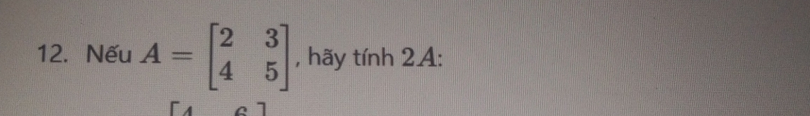 Nếu A=beginbmatrix 2&3 4&5endbmatrix , hãy tính 2A : 
c1