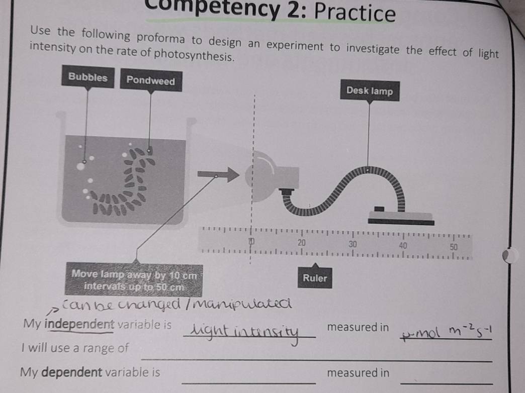 Competency 2: Practice 
Use the following proforma to design an experiment to investigate the effect of light 
intensity on the rate of photosynthesis. 
_ 
_ 
My independent variable is measured in 
_ 
I will use a range of 
__ 
My dependent variable is measured in