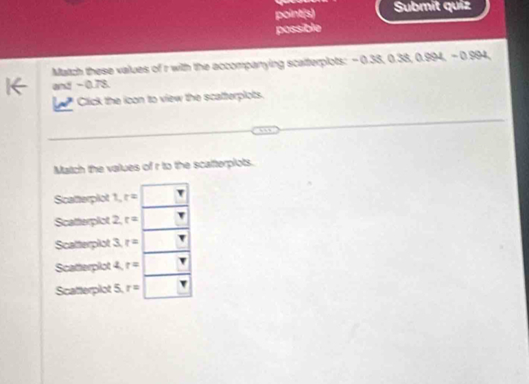 point(s) Submit quíz
possible
Match these values of r with the accompanying scatterplots: - 0.38, 0.1 6 8, 0.994, − 0.994,
and -0.78.
Click the icon to view the scafterplots.
Match the values of r to the scafterplots.
Scatterplot 1, r=
Scatterplot 2, r=
Scatterplot 3, r=
Scatterplot 4, r=
Scatterplot 5, r=