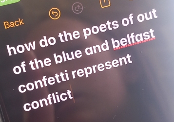 Back 
how do the poets of out 
of the blue and belfast 
confetti represent 
conflict