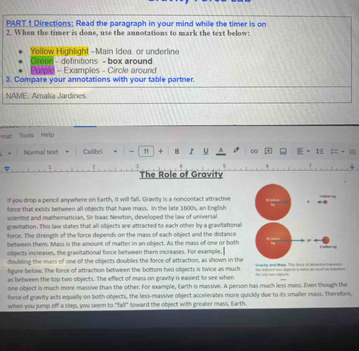 Directions: Read the paragraph in your mind while the timer is on 
2. When the timer is done, use the annotations to mark the text below: 
Yellow Highlight --Main Idea. or underline 
Green - definitions - box around 
Purple - Examples - Circle around 
3. Compare your annotations with your table partner. 
NAME: Amalia Jardines. 
mạt Tools Help 
Normal text Calibri -1-11+BI U A a t , 
2 
3 
5 
7 
The Role of Gravity 
If you drop a pencil anywhere on Earth, it will fall. Gravity is a noncontact attractive 
force that exists between all objects that have mass. In the late 1600s, an English 
scientist and mathematician, Sir Isaac Newton, developed the law of universal 
gravitation. This law states that all objects are attracted to each other by a gravitational 
force. The strength of the force depends on the mass of each object and the distance 
between them. Mass is the amount of matter in an object. As the mass of one or both 
objects increases, the gravitational force between them increases. For example, 
doubling the mass of one of the objects doubles the force of attraction, as shown in the 
Grevity and Mass. The force of sttraction betweon 
figure below. The force of attraction between the bottom two objects is twice as much the botrom two objects is leice as much as beteren 
as between the top two objects. The effect of mass on gravity is easiest to see when the lip two objects. 
one object is much more massive than the other. For example, Earth is massive. A person has much less mass. Even though the 
force of gravity acts equally on both objects, the less-massive object accelerates more quickly due to its smaller mass. Therefore, 
when you jump off a step, you seem to “fall” toward the object with greater mass, Earth.