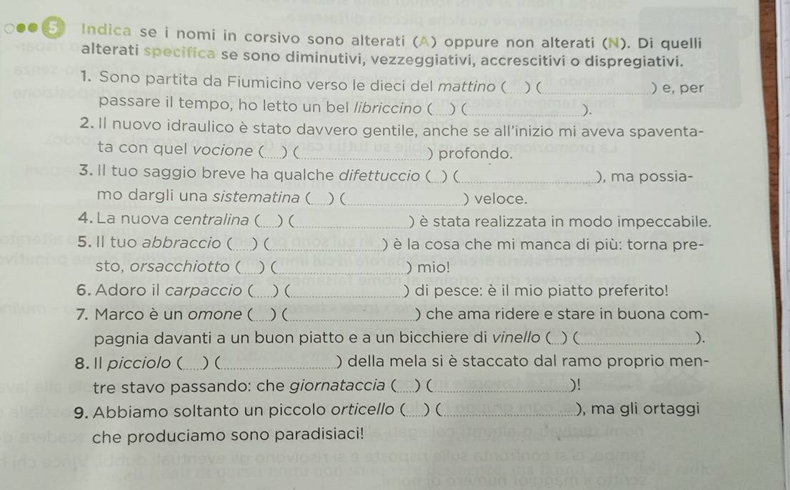 Indica se i nomi in corsivo sono alterati (A) oppure non alterati (N). Di quelli 
alterati specifica se sono diminutivi, vezzeggiativi, accrescitivi o dispregiativi. 
1. Sono partita da Fiumicino verso le dieci del mattino ( ) (_ ) e, per 
passare iI tempo, ho letto un bel libriccino (_ ) (_ 
). 
2. Il nuovo idraulico è stato davvero gentile, anche se all'inizio mi aveva spaventa- 
ta con quel vocione ( ) ( _) profondo. 
3. Il tuo saggio breve ha qualche difettuccio ( ) (_ ), ma possia- 
mo dargli una sistematina (_ ) (_ ) veloce. 
4. La nuova centralina ( _) (_ ) è stata realizzata in modo impeccabile. 
5. Il tuo abbraccio (_ )(_ ) la cosa che mi manca di più: torna pre- 
sto, orsacchiotto ( ) (_ ) mio! 
6. Adoro il carpaccio (_ ) (_ ) di pesce: è il mio piatto preferito! 
7. Marco è un omone ( _) (_ ) che ama ridere e stare in buona com- 
pagnia davanti a un buon piatto e a un bicchiere di vinello ( ) (_ ). 
8. Il picciolo (_ ) (_ ) della mela si è staccato dal ramo proprio men- 
tre stavo passando: che giornataccia ( _) (_ )! 
9. Abbiamo soltanto un piccolo orticello (_ ) (_ ), ma gli ortaggi 
che produciamo sono paradisiaci!