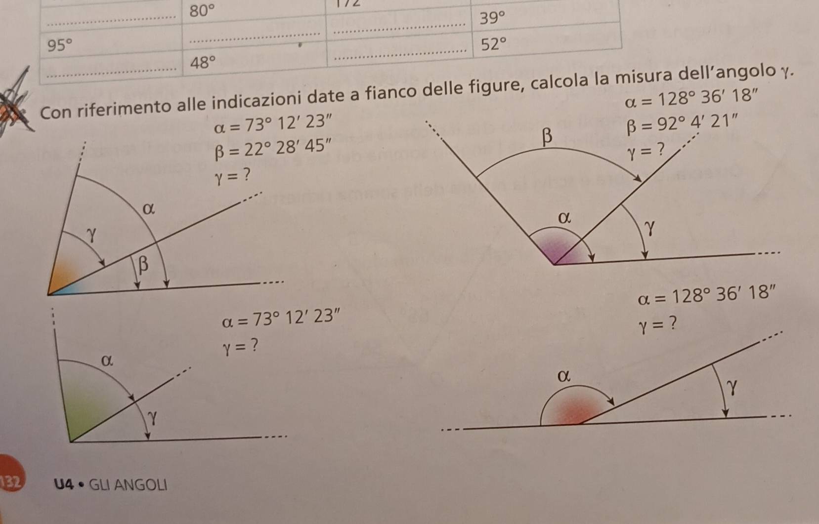 ∠
Con riferimento alle indicazioni date a fianco delle figure, ell’angolo γ.
alpha =128°36'18''
alpha =73°12'23''
alpha =128°36'18''
alpha =73°12'23''
gamma = ?
α
γ
1B2 U4• GLI ANGOLI