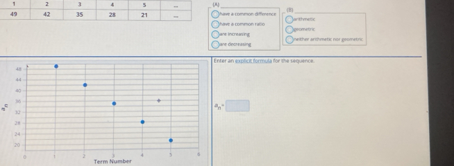 ve a common difference (B) arthmetic
ve a common ratic
are increasing geometric
)are decreasing neither anthmetic nor ireometric
an explicit formula for the sequence.
a_n=□
Term Number