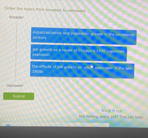 Order the topics from broadest to narrowest.
broader
industrialization and population growth in the nineteenth
century
job growth as a cause of Chicago's 1890 population
explosion
the effects of job growth on urba expansion in the late
1800s
narrower
Submit
Work it out
Not feeling ready yet? This can help: