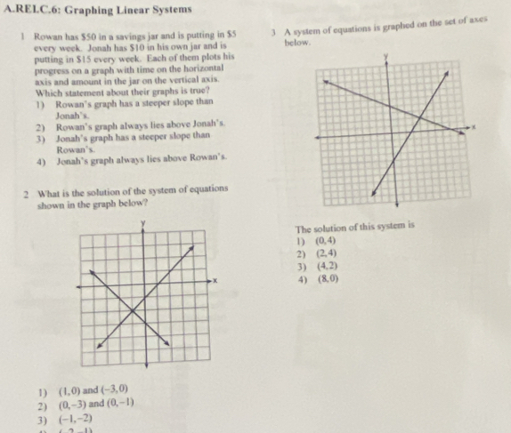 RELC.6: Graphing Linear Systems
1 Rowan has $50 in a savings jar and is putting in $5 3 A system of equations is graphed on the set of axes
every week. Jonah has $10 in his own jar and is below.
putting in $15 every week. Each of them plots his
progress on a graph with time on the horizontal
axis and amount in the jar on the vertical axis.
Which statement about their graphs is true?
1) Rowan's graph has a steeper slope than
Jonah's.
2) Rowan's graph always lies above Jonah’s.
3) Jonah's graph has a steeper slope than
Rowan's.
4) Jonah’s graph always lies above Rowan's.
2 What is the solution of the system of equations
shown in the graph below?
The solution of this system is
1) (0,4)
2) (2,4)
3) (4,2)
4) (8,0)
1) (1,0) and (-3,0)
2) (0,-3) and (0,-1)
3) (-1,-2)