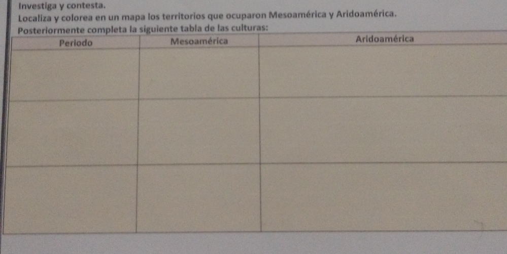 Investiga y contesta. 
Localiza y colorea en un mapa los territorios que ocuparon Mesoamérica y Aridoamérica.