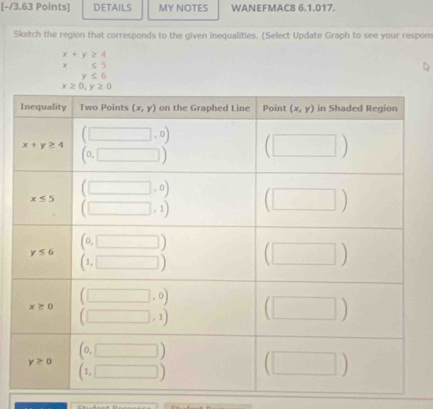 DETAILS MY NOTES WANEFMAC8 6.1.017.
Sketch the region that corresponds to the given inequalities. (Select Update Graph to see your respons
x+y≥ 4
x≤ 5
y≤ 6