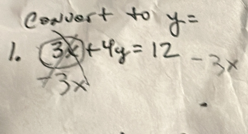 Convert to y=
1. 3x+4y=12
-3x
+3x