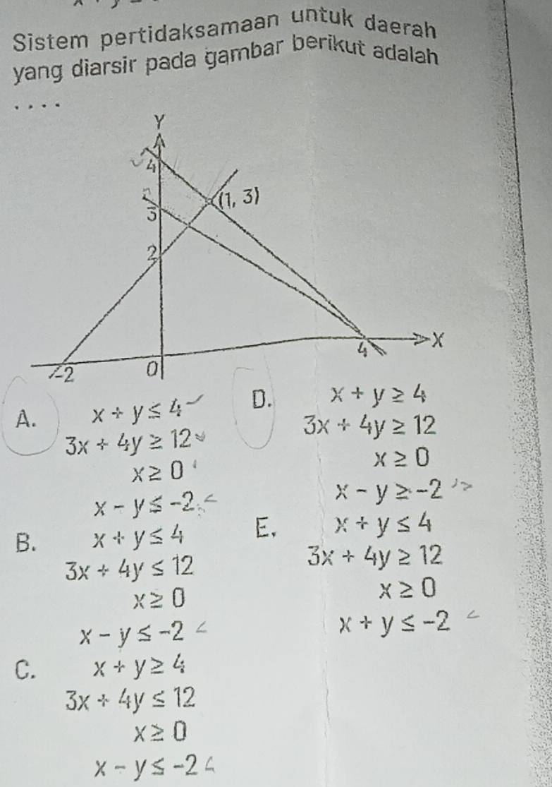 Sistem pertidaksamaan untuk daerah
yang diarsir pada gambar berikut adalah
A. x+y≤ 4 D. x+y≥ 4
3x+4y≥ 12
3x+4y≥ 12
x≥ 0
x≥ 0
x-y≤ -2
x-y≥ -2
B. x+y≤ 4 E. x+y≤ 4
3x+4y≤ 12
3x+4y≥ 12
x≥ 0
x≥ 0
x-y≤ -2
x+y≤ -2
C. x+y≥ 4
3x+4y≤ 12
x≥ 0
x-y≤ -2