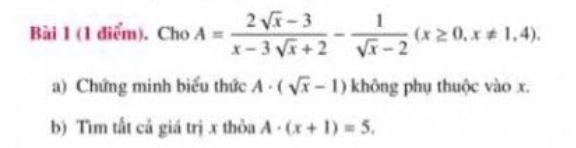 Cho A= (2sqrt(x)-3)/x-3sqrt(x)+2 - 1/sqrt(x)-2 (x≥ 0,x!= 1,4). 
a) Chứng minh biểu thức A· (sqrt(x)-1) không phụ thuộc vào x.
b) Tìm tất cả giá trị x thỏa A· (x+1)=5.