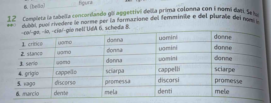 (bello) _figura 
12 Completa la tabella concordando gli aggettivi della prima colonna con i nomi dati. Se hai
90 dubbi, puoi rivedere le norme per la formazione del femminile e del plurale dei nomi in 
, scheda 8.