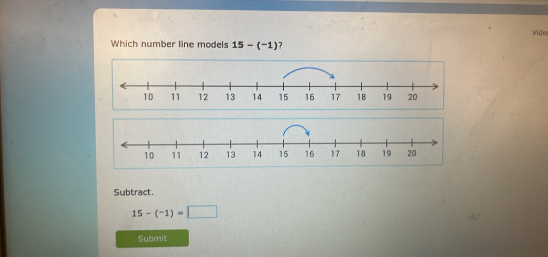 Vide 
Which number line models 15-(^-1) ? 
Subtract.
15-(-1)=□
Submit