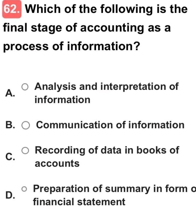 Solved: Which of the following is the final stage of accounting as a ...