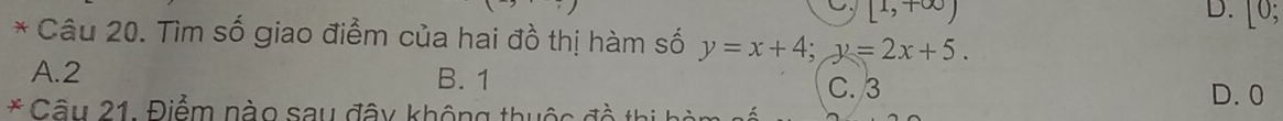 [1,+∈fty )
D. [0; 
* Câu 20. Tìm số giao điểm của hai đồ thị hàm số y=x+4; y=2x+5.
A. 2 B. 1 D. 0
C. 3
* Câu 21. Điểm nào sau đây không thuộc độ th