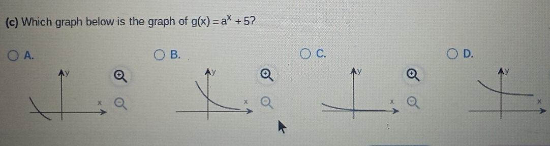 Which graph below is the graph of g(x)=a^x+5 ? 
A. 
B. 
C. 
D.
y
x
x