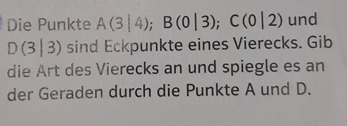 Die Punkte A(3|4); B(0|3); C(0|2) und
D(3|3) sind Eckpunkte eines Vierecks. Gib 
die Art des Vierecks an und spiegle es an 
der Geraden durch die Punkte A und D.