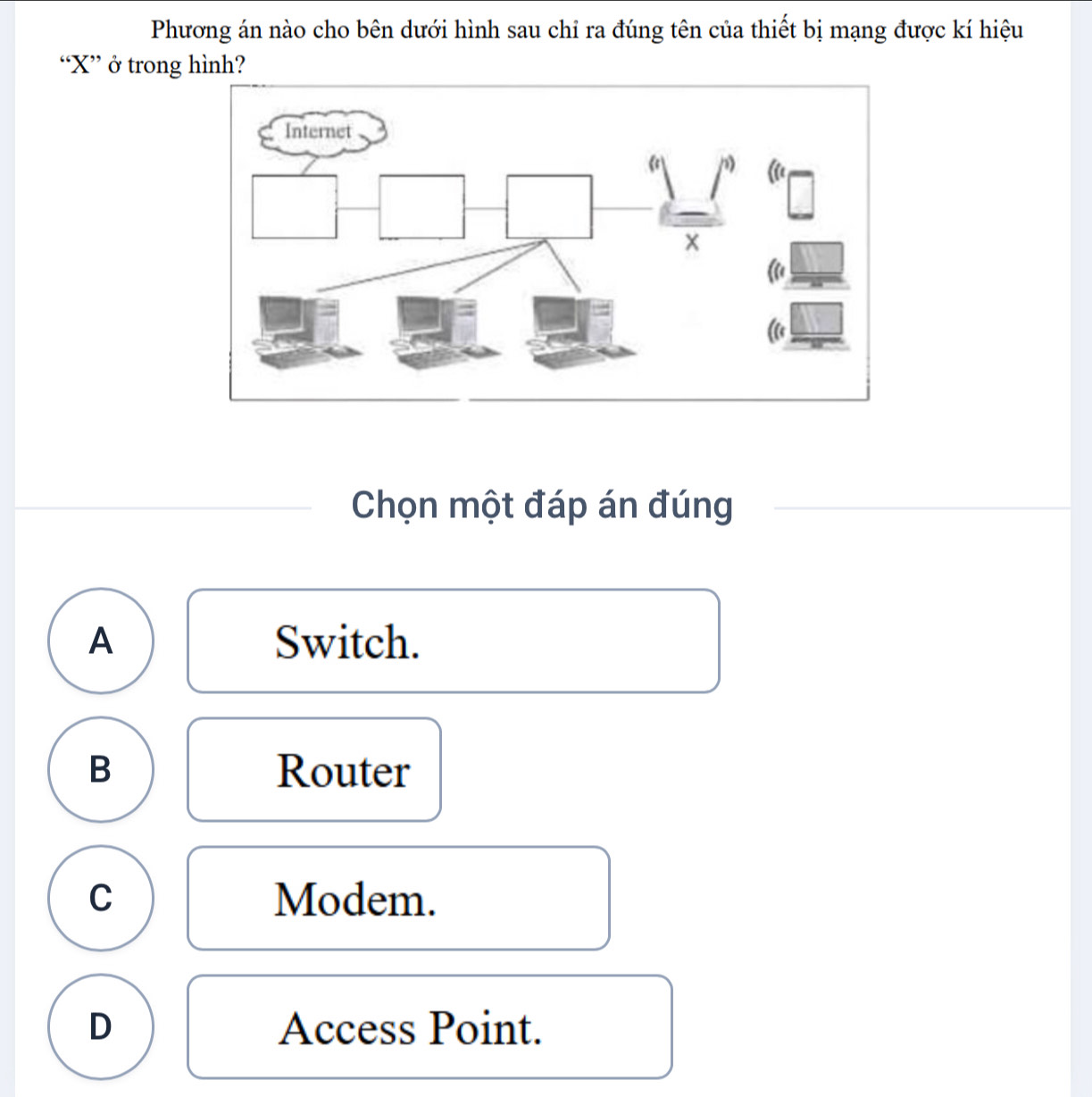 Phương án nào cho bên dưới hình sau chỉ ra đúng tên của thiết bị mạng được kí hiệu
“ X ” ở trong hình?
Chọn một đáp án đúng
A Switch.
B Router
C Modem.
D Access Point.