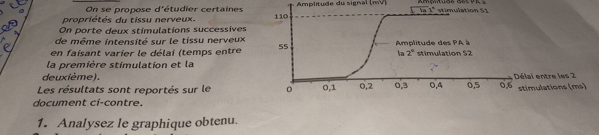 Amplitude du signal (mV)
On se propose d'étudier certaines 
propriétés du tissu nerveux. 
On porte deux stimulations successives
de même intensité sur le tissu nerveux
en faisant varier le délai (temps entre 
la première stimulation et la
deuxième).
Les résultats sont reportés sur le
document ci-contre.
1. Analysez le graphique obtenu.