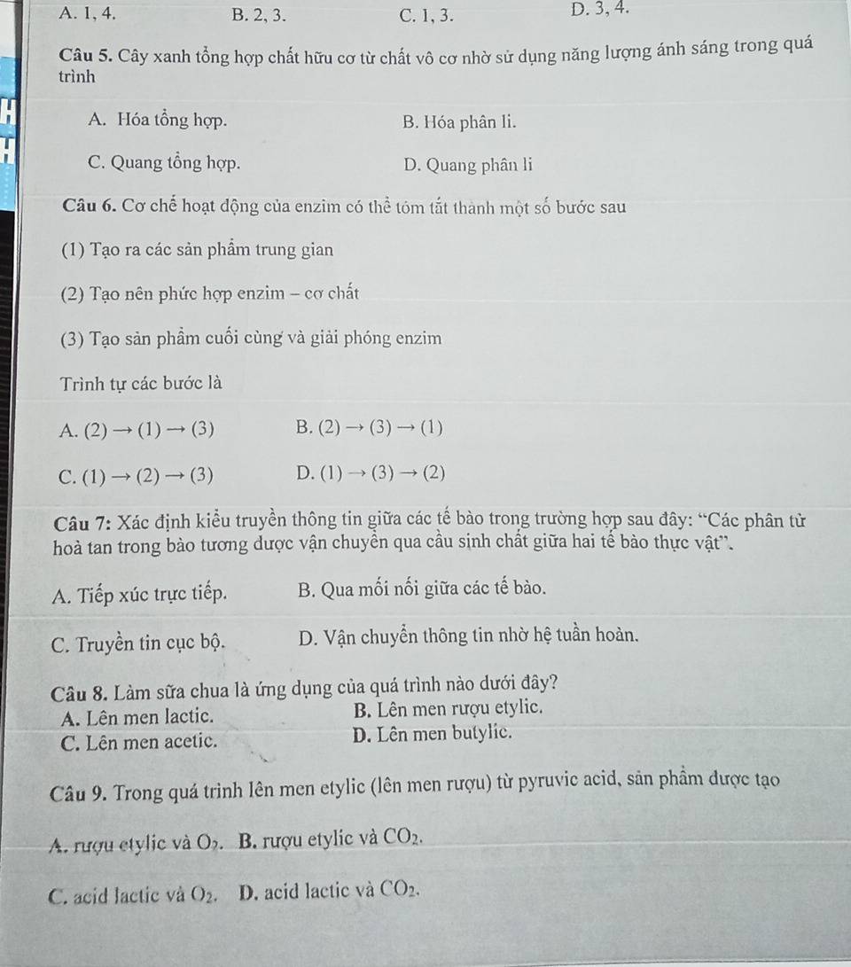 A. 1, 4. B. 2, 3. C. 1, 3. D. 3, 4.
Câu 5. Cây xanh tổng hợp chất hữu cơ từ chất vô cơ nhờ sử dụng năng lượng ánh sáng trong quá
trình
A. Hóa tổng hợp. B. Hóa phân li.
C. Quang tổng hợp. D. Quang phân li
Câu 6. Cơ chế hoạt động của enzim có thể tóm tắt thành một số bước sau
(1) Tạo ra các sản phẩm trung gian
(2) Tạo nên phức hợp enzim - cơ chất
(3) Tạo sản phẩm cuối cùng và giải phóng enzim
Trình tự các bước là
A. (2)to (1)to (3) B. (2)to (3)to (1)
C. (1)to (2)to (3) D. (1)to (3)to (2)
Câu 7: Xác định kiểu truyền thông tin giữa các tế bào trong trường hợp sau đây: “Các phân tử
hoà tan trong bào tương dược vận chuyền qua cầu sinh chất giữa hai tế bào thực vật''.
A. Tiếp xúc trực tiếp. B. Qua mối nối giữa các tế bào.
C. Truyền tin cục bộ. D. Vận chuyển thông tin nhờ hệ tuần hoàn.
Câu 8. Làm sữa chua là ứng dụng của quá trình nào dưới đây?
A. Lên men lactic. B. Lên men rượu etylic.
C. Lên men acetic. D. Lên men butylic.
Câu 9. Trong quá trình lên men etylic (lên men rượu) từ pyruvic acid, sản phầm được tạo
A. rượu etylic và O_2 B. rượu etylic và CO_2.
C. acid lactic và O_2. D. acid lactic và CO_2.