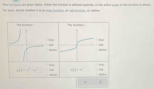 Four functions are given below. Either the function is defined explicitly, or the entire graph of the function is shown.
For each, decide whether it is an even function, an odd function, or neither.
The function The function s
Even Even
Odd Odd
Neither Neither
Even Even
g(x)=7x^4-6x^3 Odd h(x)=3x^2 Odd
Neither Neither
×