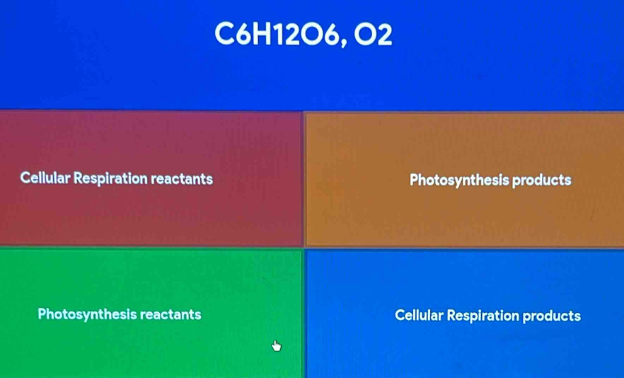 C6H12O6, O2
Cellular Respiration reactants Photosynthesis products
Photosynthesis reactants Cellular Respiration products